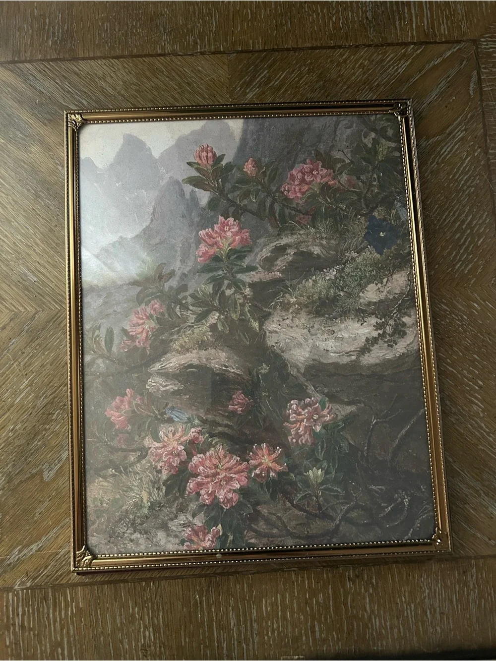 Vintage Ornate 11 x 14 Gilded thin metal picture frame, Alpine Flowers print art